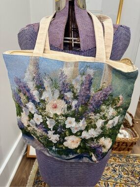 Vintage floral tapestry bag, cottagecore garden tote, large zippered market tote